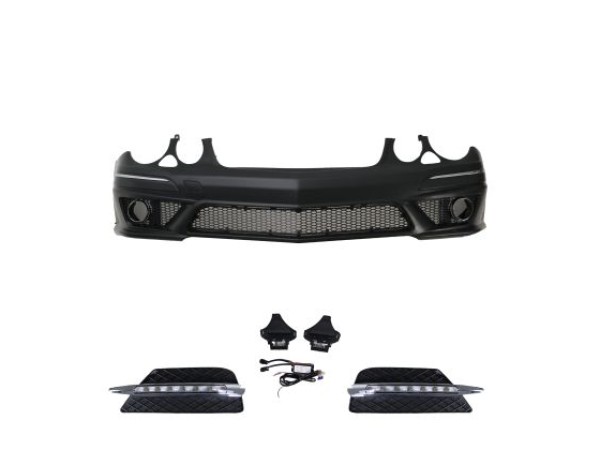 Предна броня за Mercedes W211 E-Class 2006-2009 - AMG Design с LED светлини и отвори за парктроник