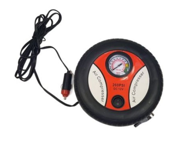 Компресор за гуми с манометър, 12V с букса за запалка - кръгъл