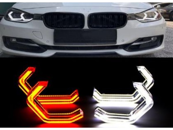Диодни Ангелски Очи за BMW F30 - U-Design - с два цвята и функция мигач (бял и жълт)
